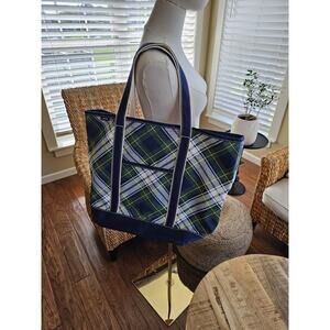 Lands' End Tartan Plaid Thick Canvas Tote Size Large Pool Beach Travel